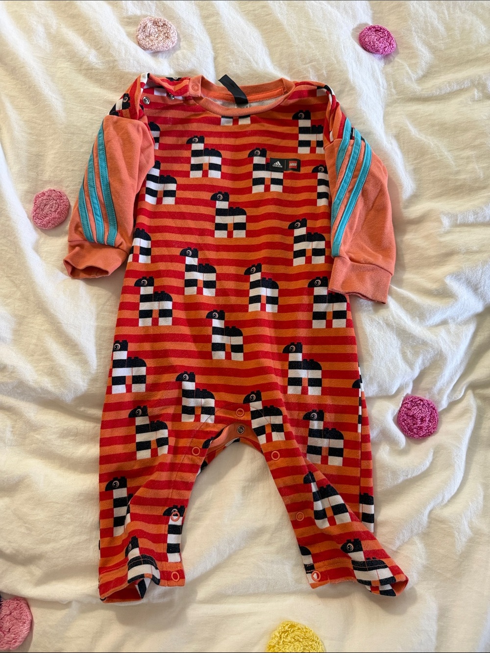 Lego Adidas Orange Striped Baby Footie with llama Print